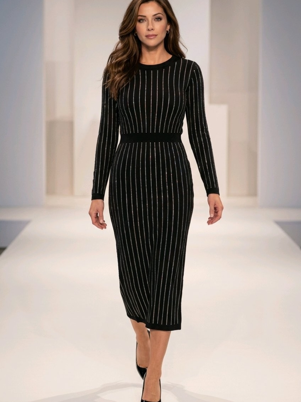 Black Long-Sleeve Ribbed Midi Dress with Vertical Pinstripe Detail